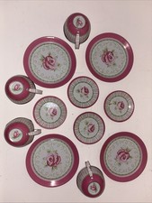 Tin Childrens Plate  Cup Set Pink Flowers Lithograph Vintage-12 Pieces