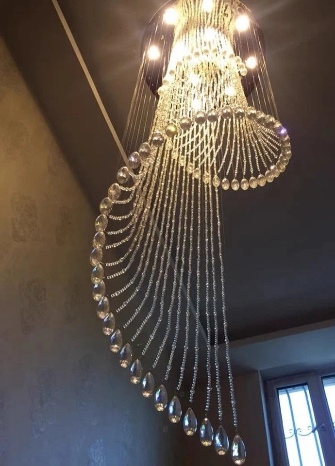 Lámpara de araña de cristal moderna D32'' x H100'' para vestíbulo, 12 luces LED, regulable, NUEVA Foto 3 de 4