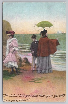 Comic Humor Strand am Meer Edwardian Postkarte Bamforth 1908 Oh John Gun