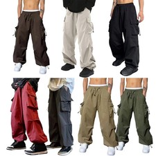 Korean Style Loose Fit Men Cargo Pants Wide Leg Casual High Elastic Trousers