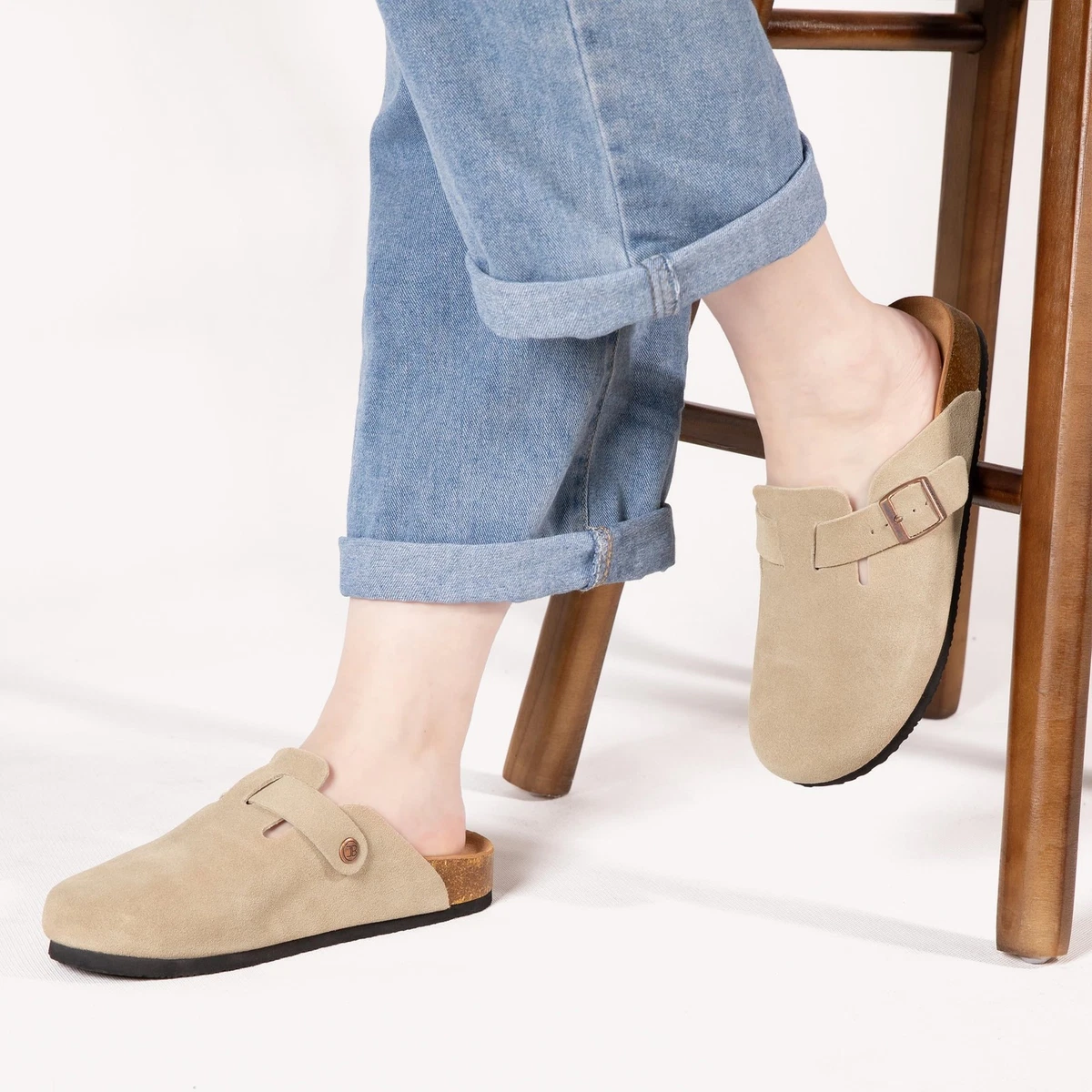 Brelzo Calvior Women's Suede Clogs Men's Slip-On Leather Mules Non-Slip Potato