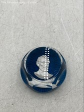 Blue White Glass Abraham Lincoln Baccarat France Sulphide Faceted Paperweight