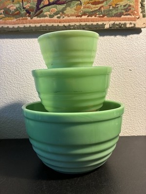 Jeannette Glass Concentric Circle Mixing Bowl Set Jadeite Green 5 7 & 9  Uranium