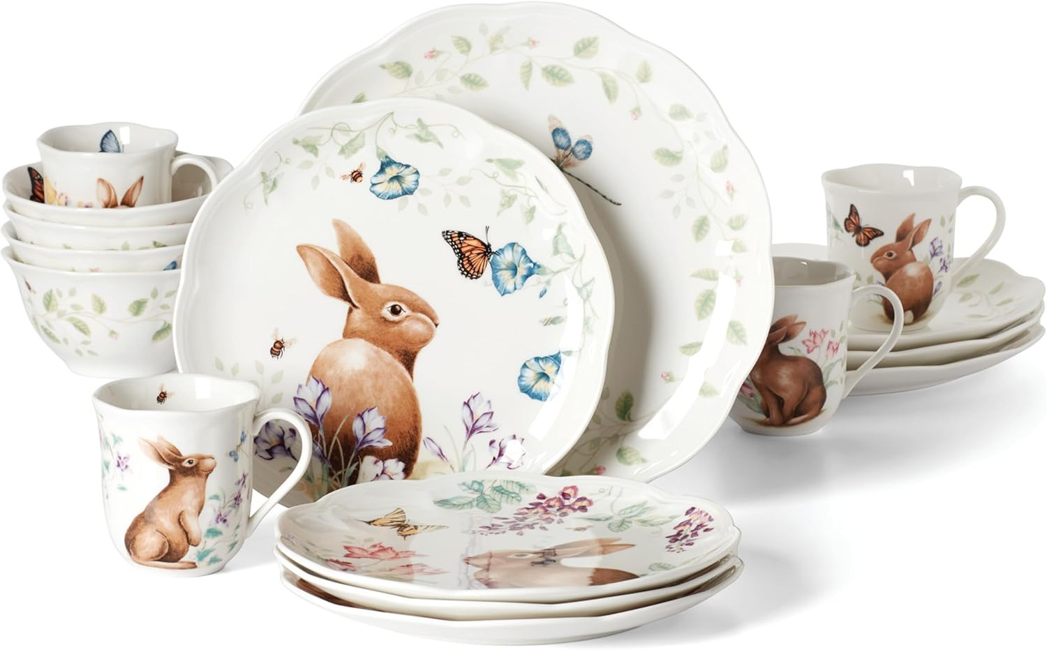 Butterfly Meadow Bunny 16-Piece Dinnerware Set, Service for 