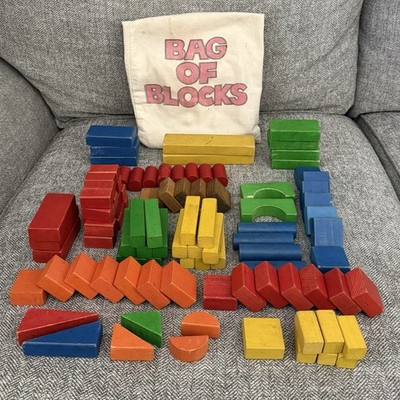 Vintage 1970s Bag Of Blocks Colorful Wooden Building Blocks - 101 Pieces