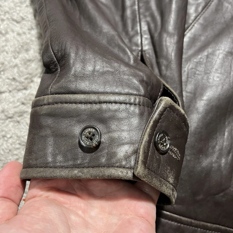 Polo Ralph Lauren 男式深棕色格子衬里全拉链皮革轰炸机夹克 XL — 第 4/4 张图片