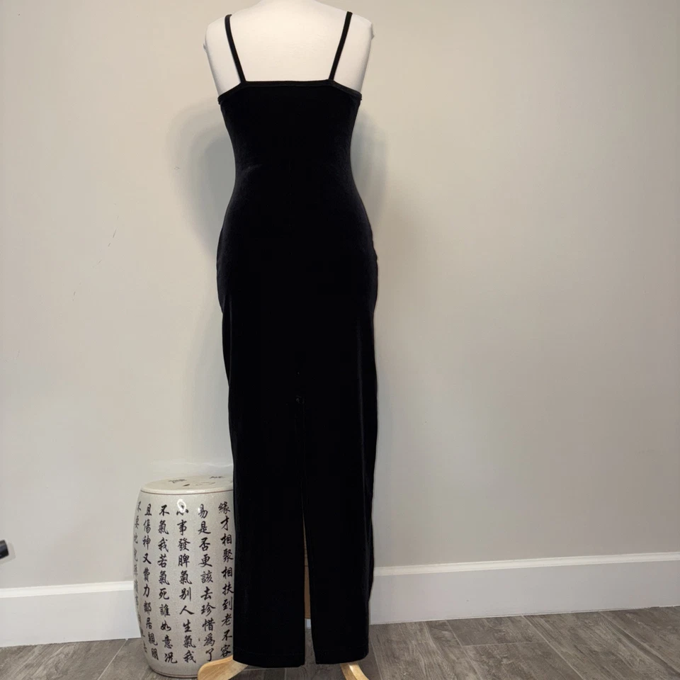Vestido Columna Correa Espagueti Terciopelo Elástico Negro Salto Años 90 Vintage Ventilación Trasera 5/6 Foto 4 de 4