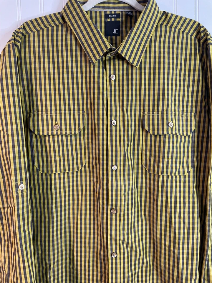 Camisa J.Ferrar Calce Ajustado Amarillo y Gris Rayas Abotonada XXL 18-18.5 100% Algodón Foto 3 de 4