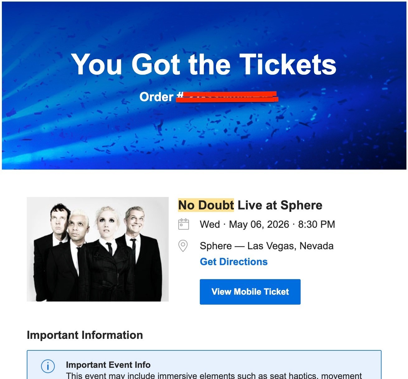 2 Floor Tickets To See No Doubt @ The Sphere In Las Vegas!! Ga
