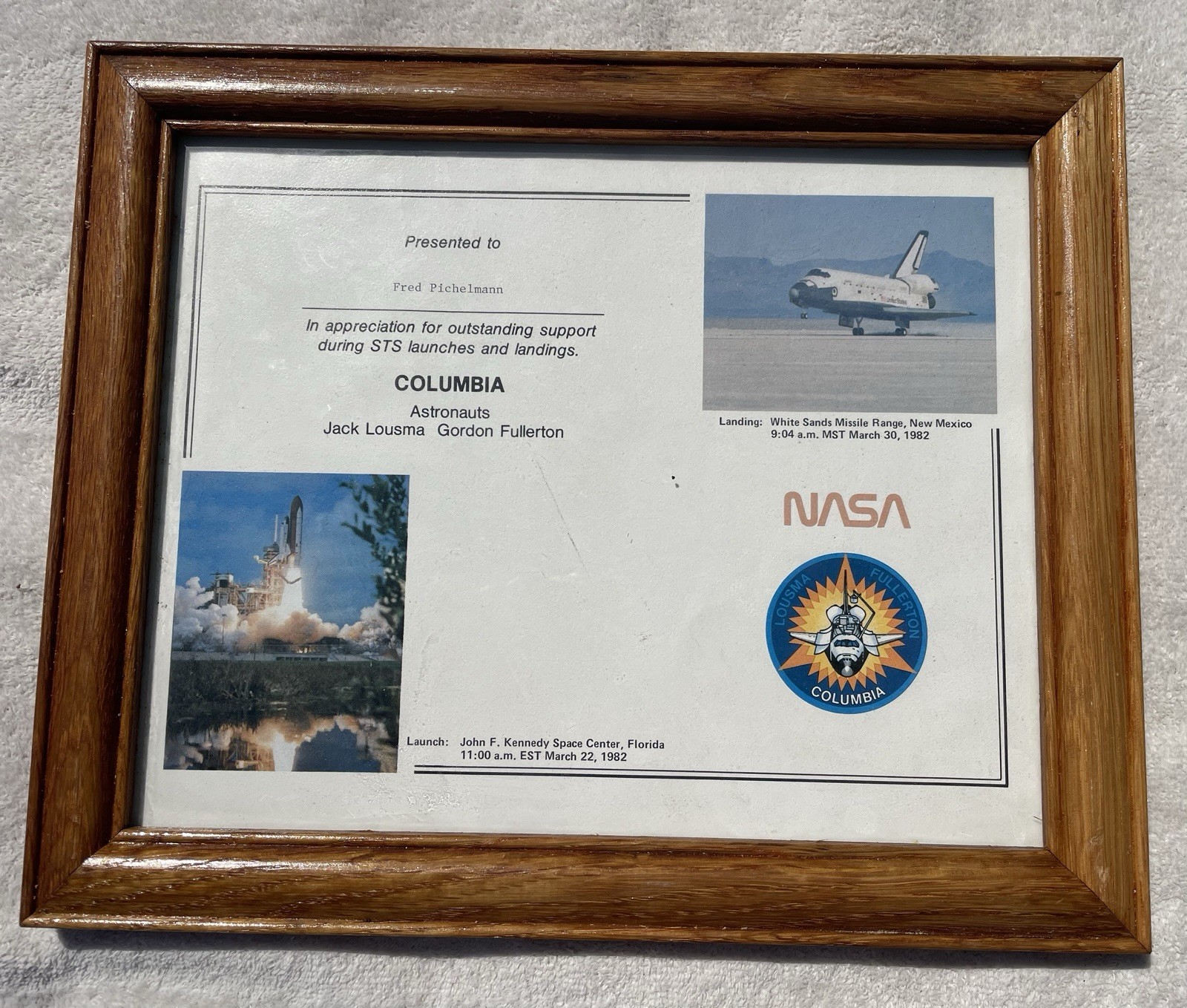 NASA Appreciation Plaque SPACE SHUTTLE COLUMBIA STS 3 1982 Santa Fe Railroad