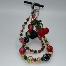 Cherry Bag Charm/Key Chain, Phone Charm Metal Beads, Red Green Gold