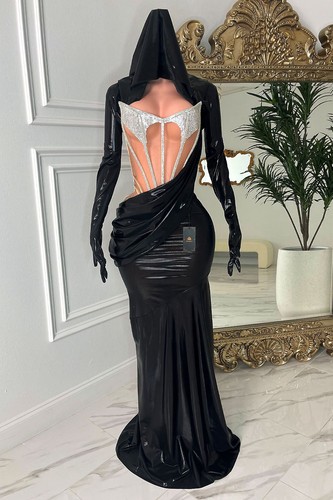 AMEKANA "Mitra" Luxury Hooded Gown - Black Rhinestone & Latex