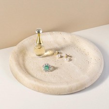 Italian Round Travertine Tray, 8" Vanity Decorative Marble Tray for Counterto...