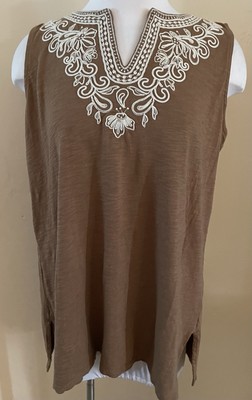 J.Jill Vicuna Tan White Embroidered V-Neck Sleeveless A-line Tank Size Medium