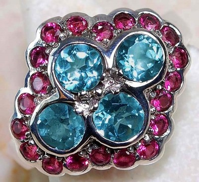 1CT Natural Aquamarine & Ruby 925 Sterling Silver Nouveau Style Ring Sz 7 US8