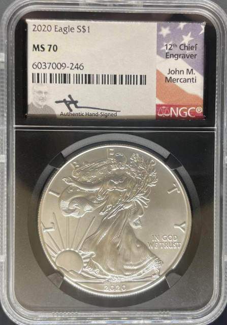 2020 Silver Eagle MS70 NGC Black Core Mercanti Signed (#PA6037009246)