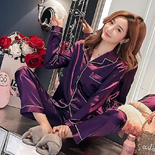 Übergröße Eis Seide Pyjama Damen Langarm Einfarbig Locker 5xl Home Wear L - Bild 14 von 18