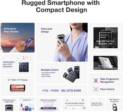 DOOGEE S Mini Rugged Smartphone Unlocked Android 13 15GB+256GB Waterproof 4.5" - Picture 2 of 8
