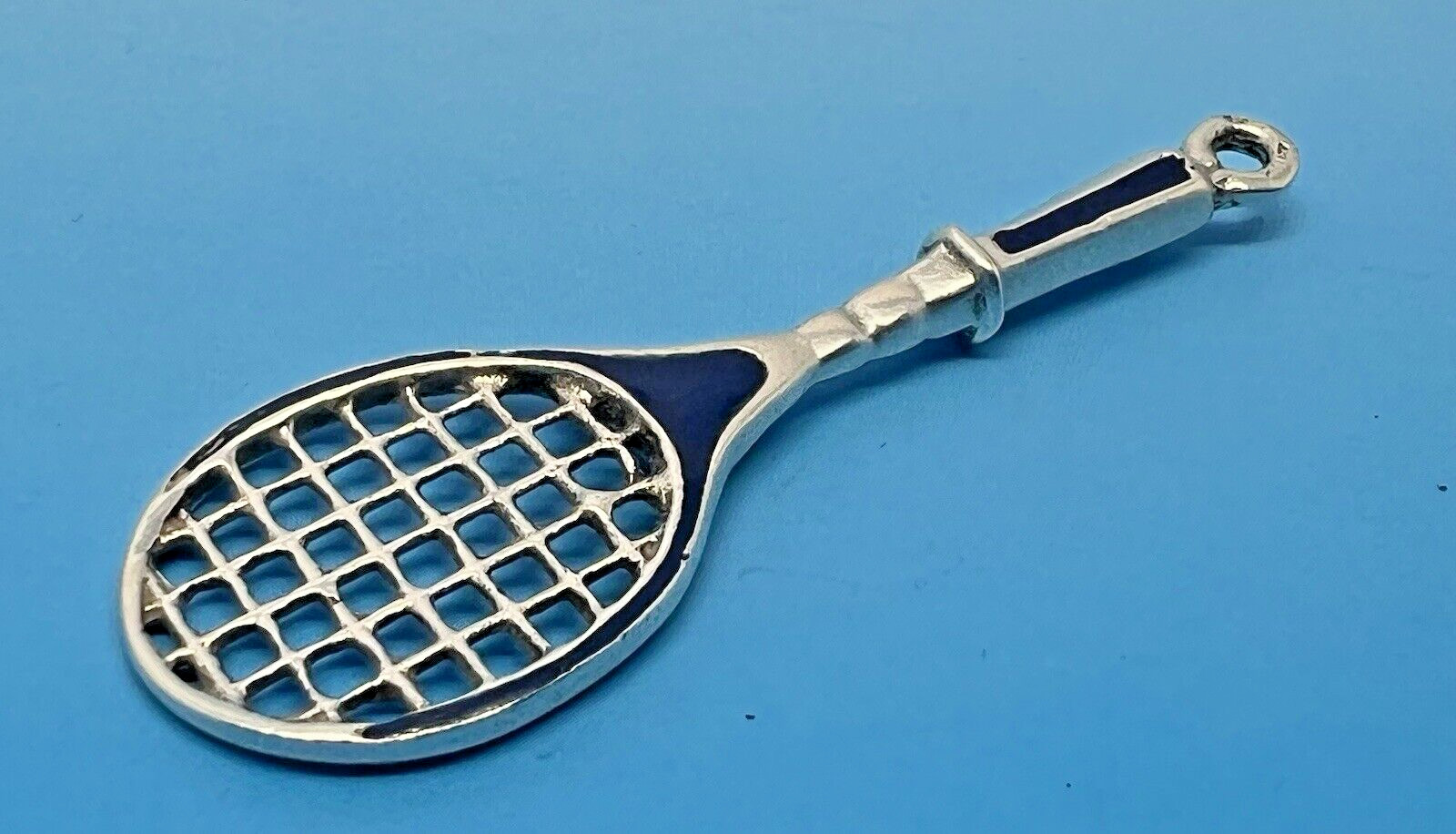 SOLID SILVER & ENAMEL TENNIS RACKET PENDANT LONDO… - image 1