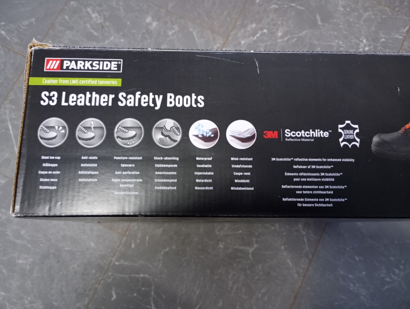 PARKSIDE S3 LEATHER SCOTCHLITE WATERPROOF SAFETY BOOTS SIZE UK 9 EUR 43