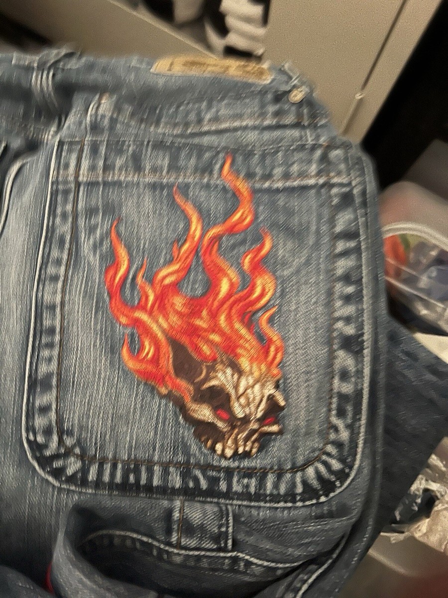 VTG JNCO Flaming Skull Wide-Leg Faded Blue Jeans Size 16 VTG JNCO Flaming Skull Wide-Leg Faded Blue Jeans Size 16