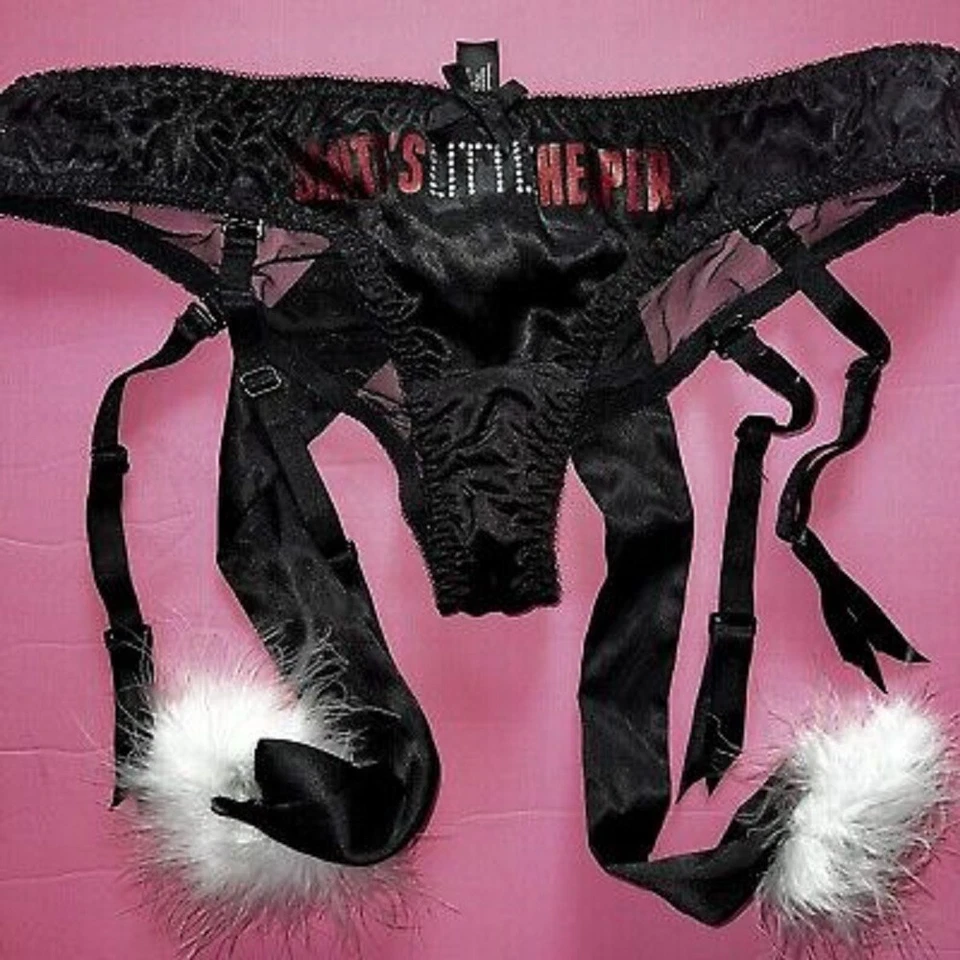 ✨Victoria's Secret Santa's Helper Bikini Panty Garter Belt Black wh Fur LIMITED! - Image 2 of 4
