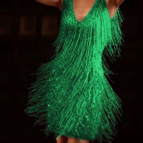Dress Evening Cocktail Party Bodycon Ball Gown Womens Glitter Fringe Tassel Mini - Picture 3 of 9