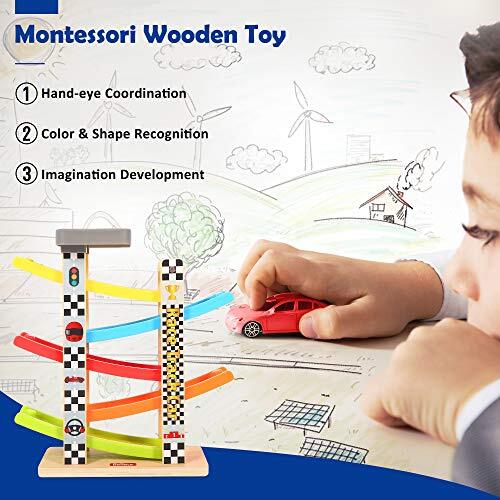 Belleur Montessori Toy For 1-3 Years Old Boys And Girls, Kid Wooden Race Track Car, Toddler Ramp Racer Set With 5 Mini Cars & 5 Ramps, Perfect For Babies' Birthday Gifts
