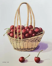 Red Cherry, Basket, Fruit, Original Watercolor Painting, Signed, 16x20 inch, Art