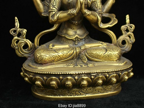 Tibet Buddhism Bronze Brass Louts 4 Arms Chenrezig Buddha Statue Sculpture - Picture 6 of 8