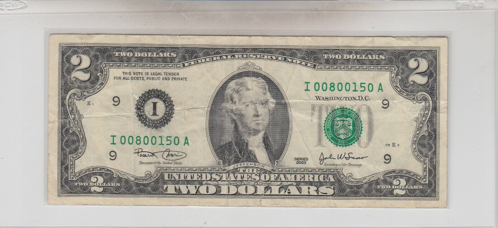 2003 $2 In Monetary Exchange Portfolio Minneapolis District Serial #s I065155--A