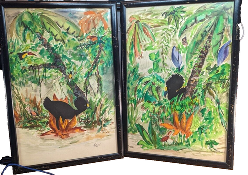 Pr of Impressionistic watercolor paintings Tropical 18x12  signed by artist - Picture 1 of 11