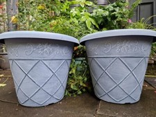PAIR 2 X 46CM GREY Anthracite BLUE Tree Barrel Plant Pot Garden Flower Planter M