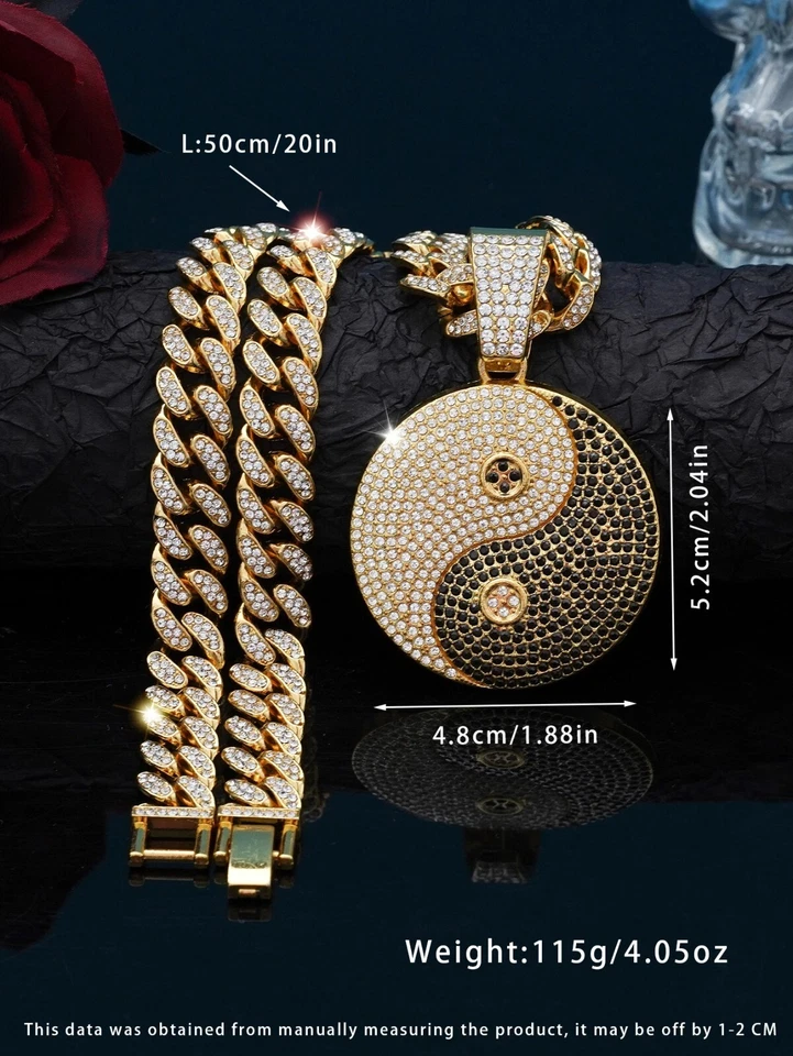 Hip Hop Helado YIN YANG Tai Chi Colgante Collar Cadena de Cristal Moda Joyería NUEVO Foto 3 de 4