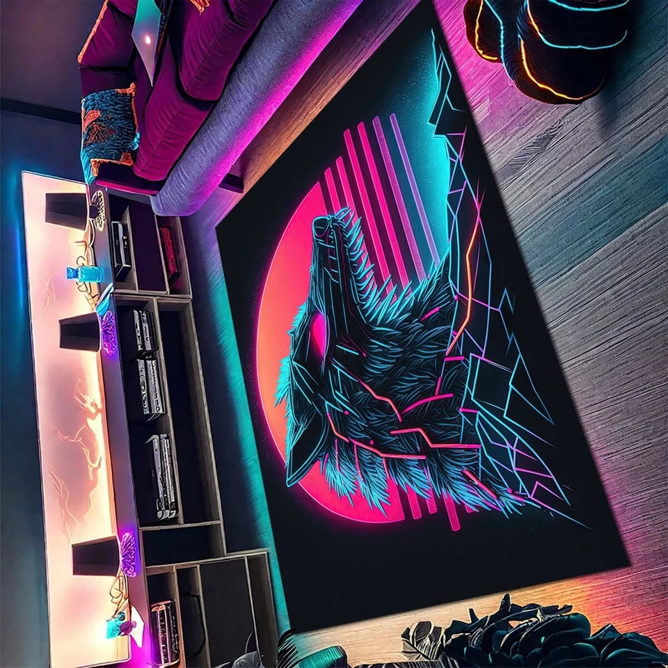 Modern Neon Cyberpunk Area Rug 5x6 Night Wolf King Playroom Gaming Room Carpet - Image 2 of 4