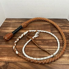 Vintage 8.5' Foot Leather Bullwhip Whip Brown / White Weaved Braid Indiana Jones