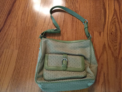 Talbots Green Leather Cloth Shoulder Bag Satchel Purse Adjustable Strap Buckle
