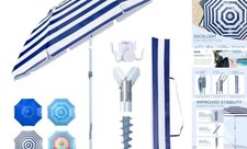 Heavy Duty High Wind Beach Umbrella with Sand Anchor  Carry Blue White Stripe