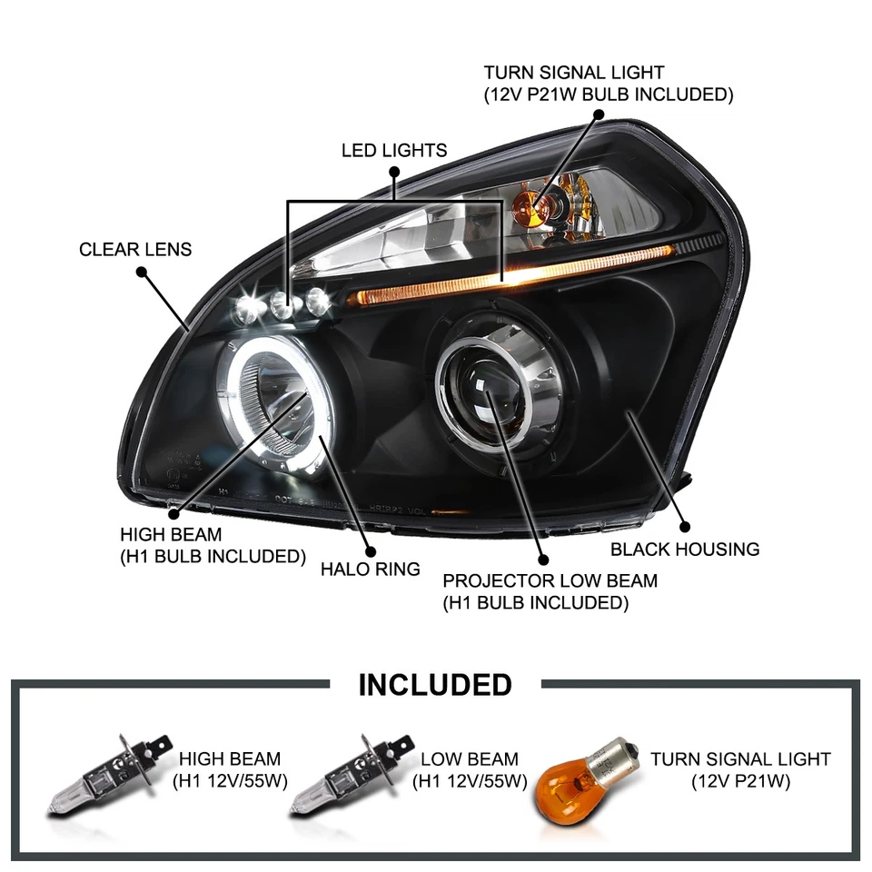 Fits 2005-2009 Hyundai Tucson Black LED Halo Projector Headlights Lamps LH+RH — 第 3/4 张图片