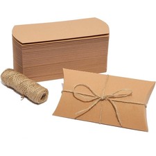 50 Pack Kraft Pillow Boxes Set with 100ft Jute Twins for Wedding Party Favor
