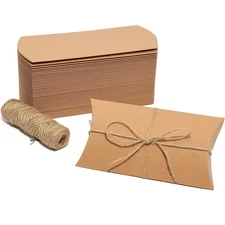 50 Pack Kraft Pillow Boxes Set with 100ft Jute Twins for Wedding Party Favor