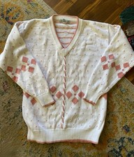 VTG Izod Club   Cotton White  Pink Geometric Sweater Sz S  321A Lt 70  s 80s