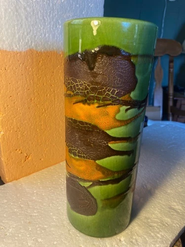 Royal Haeger Earth Wrap Vase- Lava Glaze Green Brown Cylinder