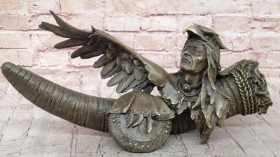 Native American Warrior with Eagle Headdress and Horn Bronze Sculpture Decor Art