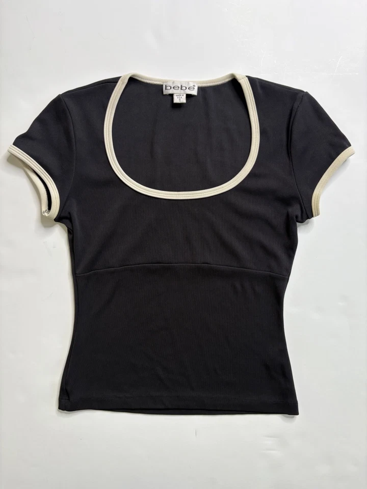 Camiseta Top Vintage Y2K Bebe Negra Elastizada Tejido Acanalado Talla S Foto 3 de 4