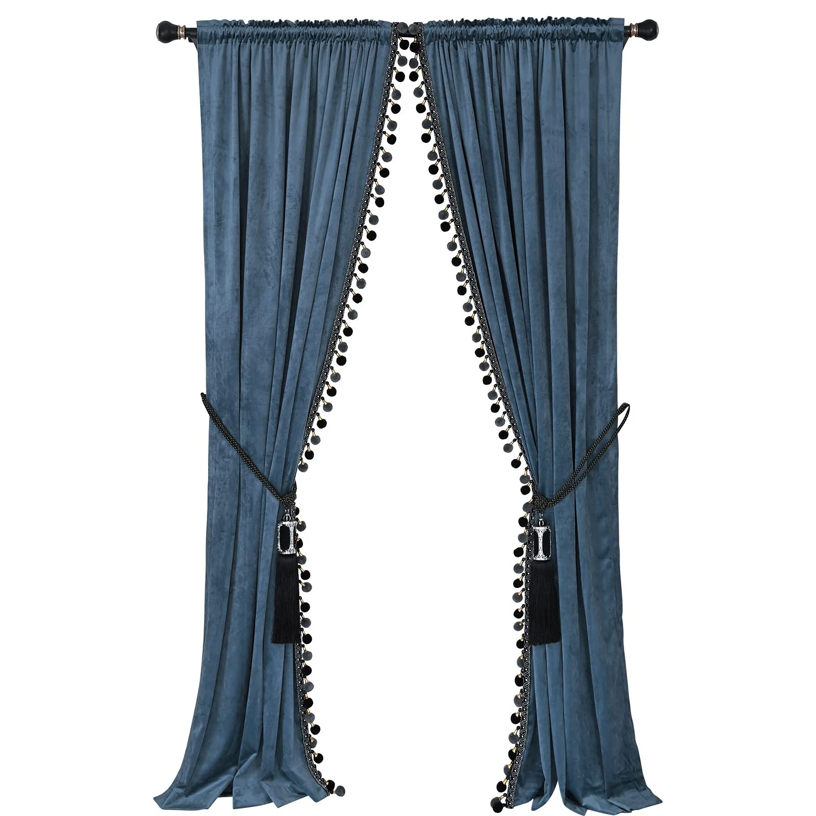 Luxurious Pompom Curtain for Living Room, Blackout Curtains, Velvet, 2 Panee...