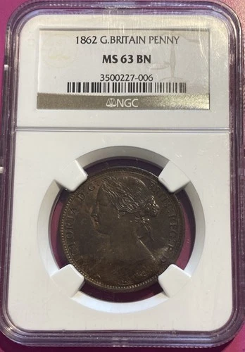 Great Britain 1862 Queen Victoria 1 Penny Nice NGC-MS-63-BN.