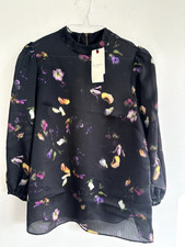 TED BAKER BLOUSE NEW Niycole High Neck Top Puff Sleeve Floral black 10 12 16