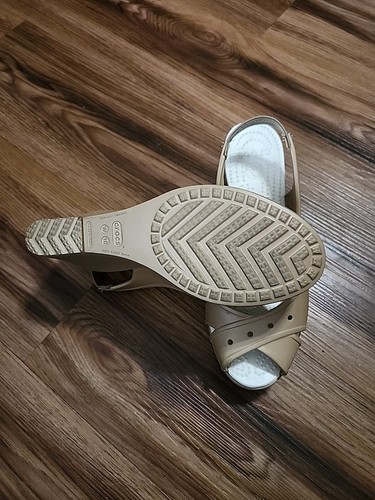 Crocs Tan Farrah Wedge Heel Slip On Size 10 Sling Back Peep Toe - Picture 2 of 4