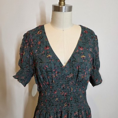 Hill House Home Georgia Nap Dress Sz L Green Floral Smocked Maxi
